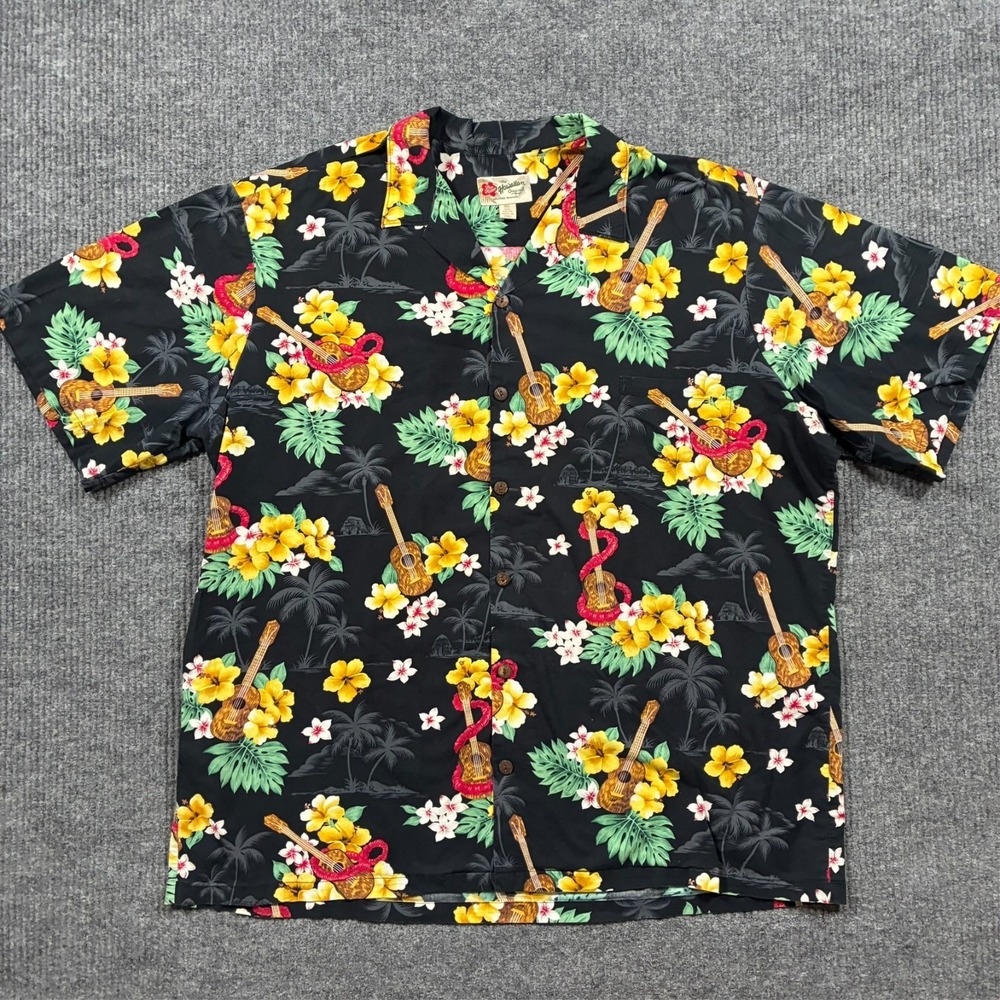 Hilo Hattie Mens Hawaiian Aloha Shirt 3XL Floral Ukulele Black Short Sleeve